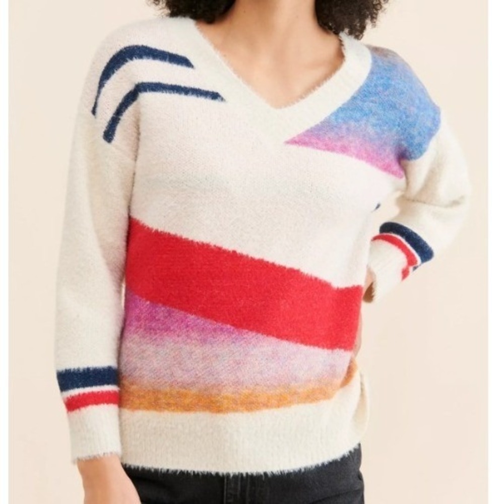 Anthropologie Sisters Women's Beige‎ Geometric Pullover V-neck Sweater M/L